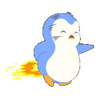 a blue and white penguin with a flaming tail