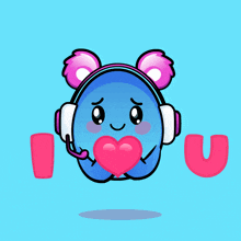 a cartoon character wearing headphones and holding a heart with the letter u above it
