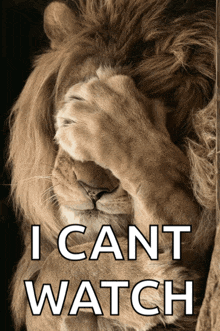 a poster of a lion covering its face with its paw and the words i cant watch below it