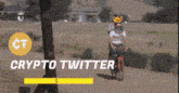 a man is riding a bike on a dirt road with the words crypto twitter written on the bottom