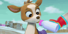 a cartoon deer is drinking from a bottle .