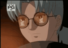 a close up of a person wearing glasses and a tv pg logo