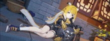 a girl with yellow hair and white hair is laying on the ground .