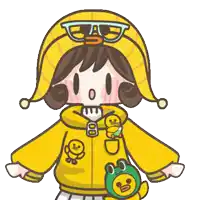 a cartoon of a girl wearing a yellow jacket with a frog on it