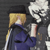 a pixel art of a man wearing a hat standing next to another man