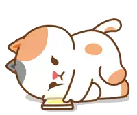 a cartoon cat laying on its back with a piece of cake in its mouth