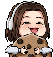 a cartoon drawing of a girl with headphones holding a chocolate chip cookie