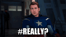 a man in a captain america uniform is sitting in a chair and says #really ?