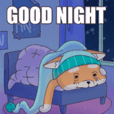 a cartoon of a dog laying in a bed with the words good night written above it