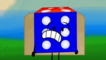 a blue dice with white dots on it 's face is standing in a cardboard box