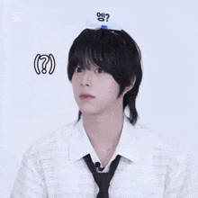 a man wearing a white shirt and a black tie has a white card on his head that says ?