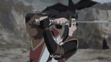 a man is holding a sword and says " mutsu " on the bottom