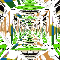 a colorful drawing of a hallway with a green arrow pointing to the right