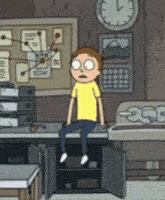 a cartoon of a man sitting on a counter in front of a clock .