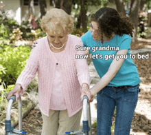 a woman is helping an elderly woman walk with a walker