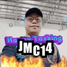 a man wearing glasses and a hat with the name jmc14 on the bottom