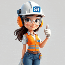 a girl wearing a hard hat with the letter gt on it is giving a thumbs up