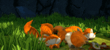 a bunch of stuffed animals are laying on the grass