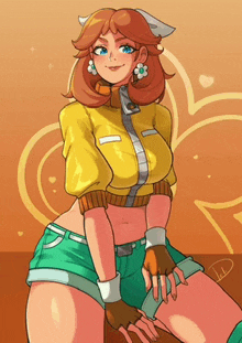 a drawing of a girl wearing shorts and a yellow top