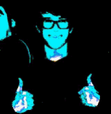 a person wearing glasses is giving a thumbs up