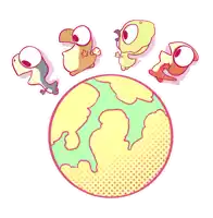four cartoon birds are standing around a globe with a star on their head