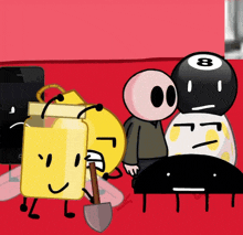 a group of cartoon characters are standing around a pool ball with the number eight on it