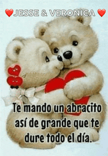 a couple of teddy bears hugging each other with the words jesse & veronica on the bottom