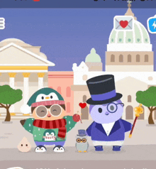 a couple of cartoon characters standing next to each other in front of buildings