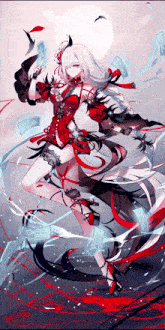 a girl with white hair and black feathers is dancing