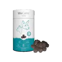 a container of wecalm tasty dog treats
