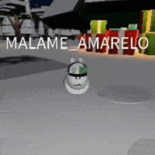 a cartoon character is standing on a white surface with the words malame amarelo written on the bottom .