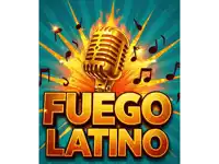 a poster that says fuego latino with a microphone and music notes