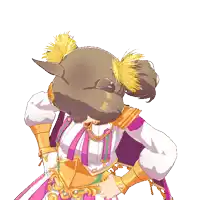 a girl with a ponytail and a purple and gold outfit