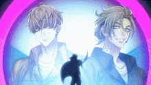 two anime characters are standing next to each other in a circle