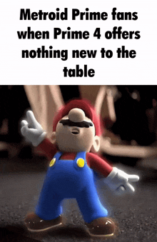 a cartoon of mario with the words metroid prime fans when prime 4 offers nothing new to the table