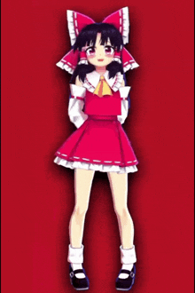 a girl in a red dress with a bow on her head is standing in front of a red background