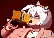 a girl with white hair is drinking from a bottle that says buccaneer on it