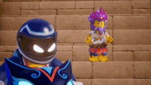 a lego character wearing a purple crown and a blue helmet