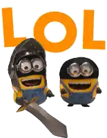a couple of minions are standing next to each other with the word lol above them