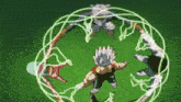 a group of dragon ball z characters are standing in a circle with lightning coming out of them .
