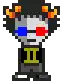 a pixel art drawing of a troll wearing 3d glasses and a shirt with the letter i on it .
