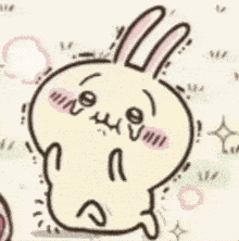 a cartoon rabbit is making a funny face while standing in the grass .