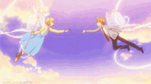 a boy and a girl are flying in the sky and the hashtag hoshi_kuzu @ twitter is visible
