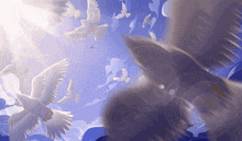 a painting of white birds flying in the sky