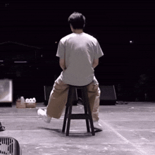 a man sits on a stool with his legs crossed on a stage