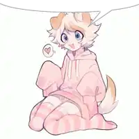 a drawing of a dog wearing a pink hoodie and striped thigh high socks