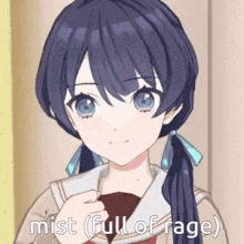 a girl with purple hair and blue eyes is standing in front of a door and says mist ( full of rage ) .