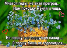 a bouquet of blue flowers in a basket with russian text
