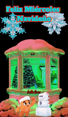 a christmas card with a gingerbread man and a snowman and the words feliz miercoles navideño