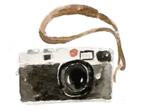 a watercolor painting of an old camera with a strap